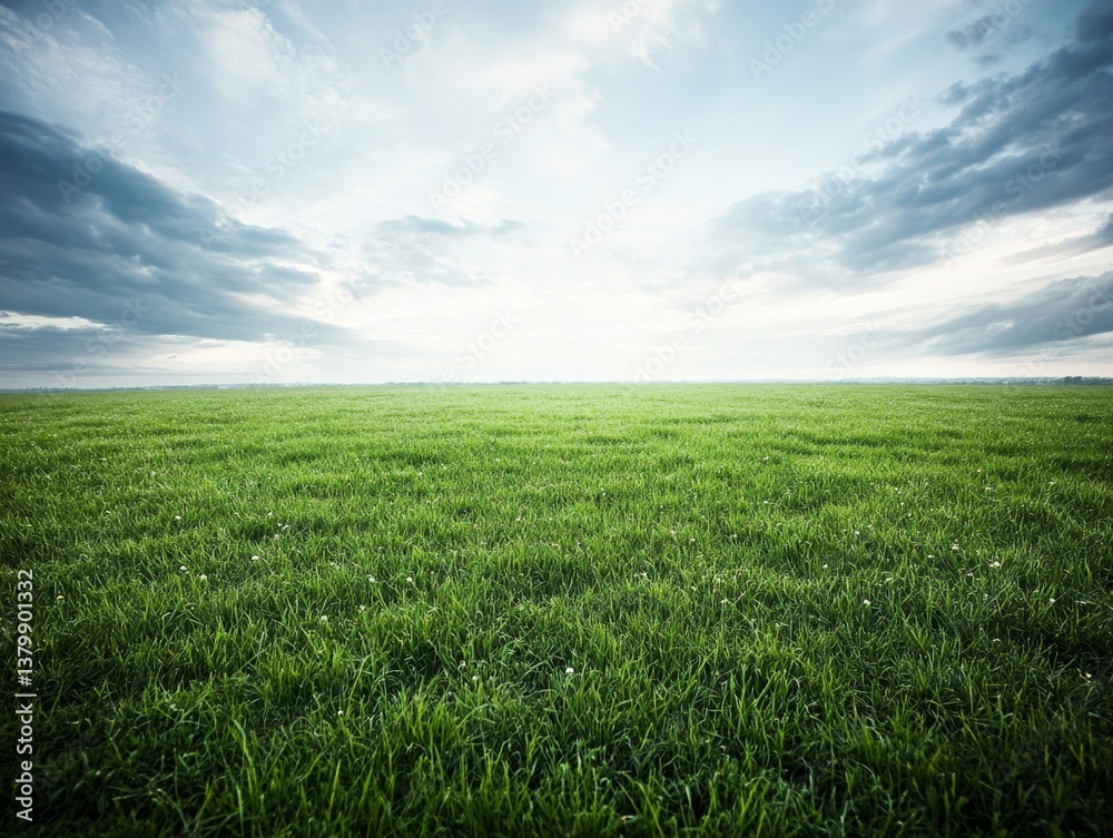 Expansive green grass field under a cloudy sky during early morning hours in a serene landscape Expansive green grass field under a cloudy sky during early morning hours in a serene landscape