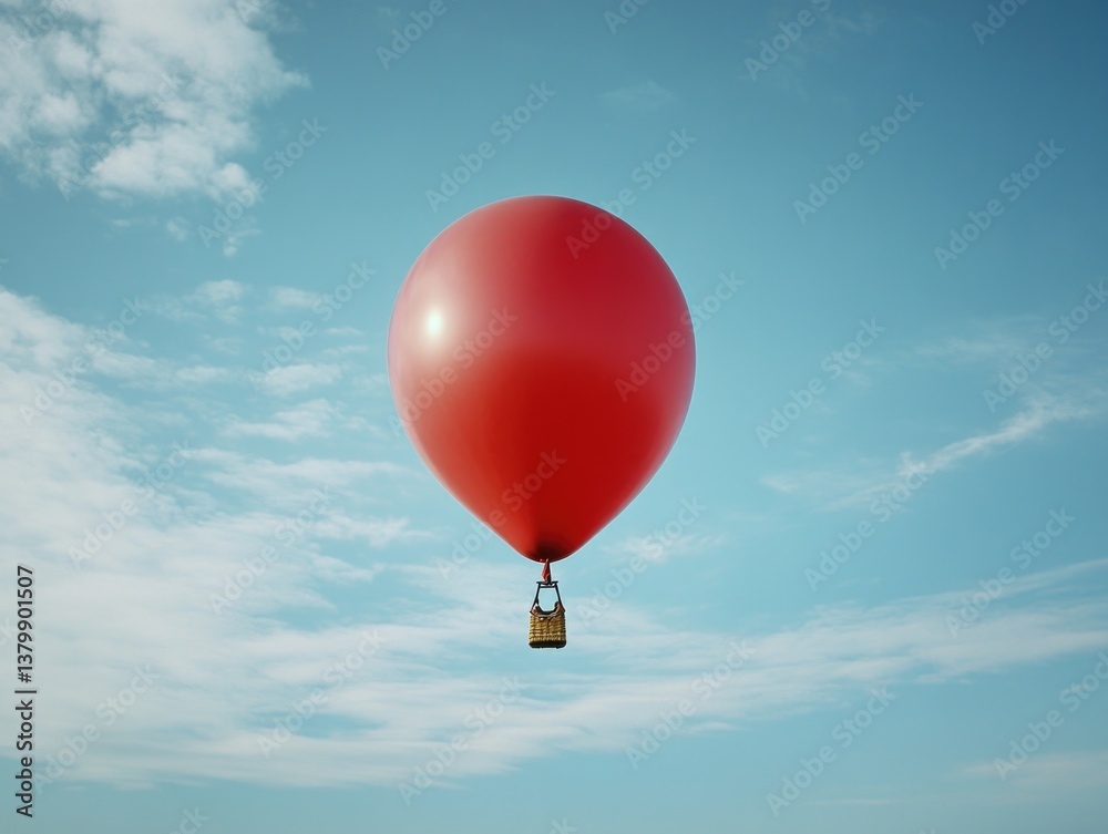 Obraz premium A red hot air balloon is floating in the sky. The balloon is filled with air and is being carried by the wind. The sky is clear and blue, with no clouds in sight