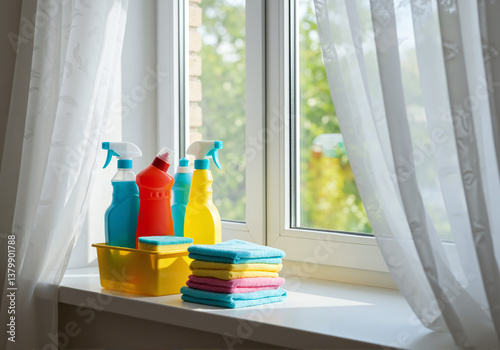 Spring Cleaning Supplies Fresh Open Window Background Sunlight
