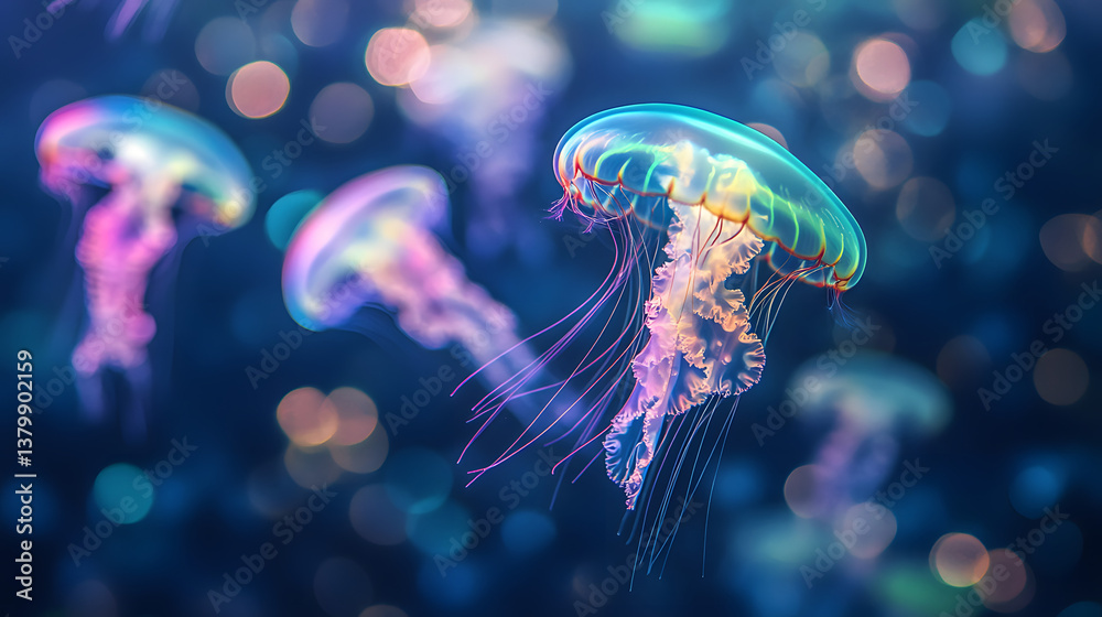 Obraz premium jellyfish, sea, blue, water, fish, ocean, underwater, jelly, animal, aquarium, marine, medusa, nature, life, abstract, light, dark, aquatic, jelly fish, swim, translucent, deep, sting, float, glow