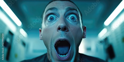 A man with his mouth wide open in a dark room. The room is dimly lit