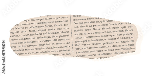 Collage newspaper ripped element. Trendy retro vintage paper cut, notebook sheet, rip torn. Old gazette news sheet for scrapbook. Isolated vector illustration on transparent background.