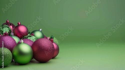 Colorful Christmas ornaments scattered on a soft green background, creating a festive and cheerful atmosphere
