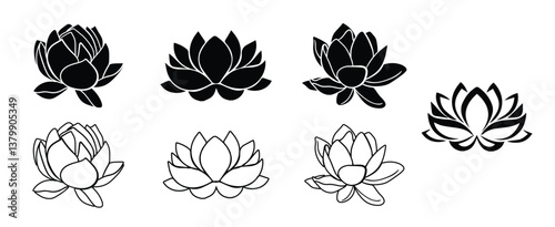 Lotus symbol. Minimalist symbol of harmonious lotus flower. Buddhist flower graphic vector symbols, floral ornaments, printed on fabric, shirt, cup, ect