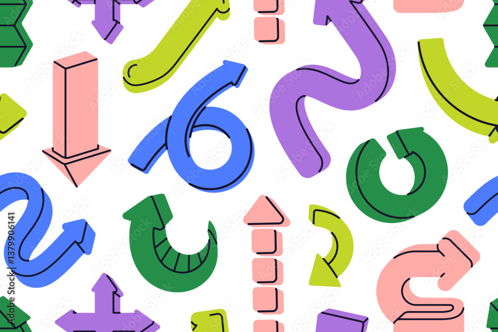 Fototapeta premium Arrows pattern, seamless background. Repeating print, endless design with curved twisted direction shapes. Printable texture with funny computer cursors, navigation elements. Flat vector illustration
