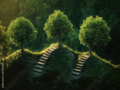 Three trees are on a hill with a path between them. The path is made of stones and is surrounded by grass