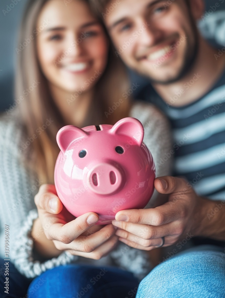 A couple holding a pink piggy bank. The woman is smiling and the man is smiling as well. Concept of happiness and financial responsibility