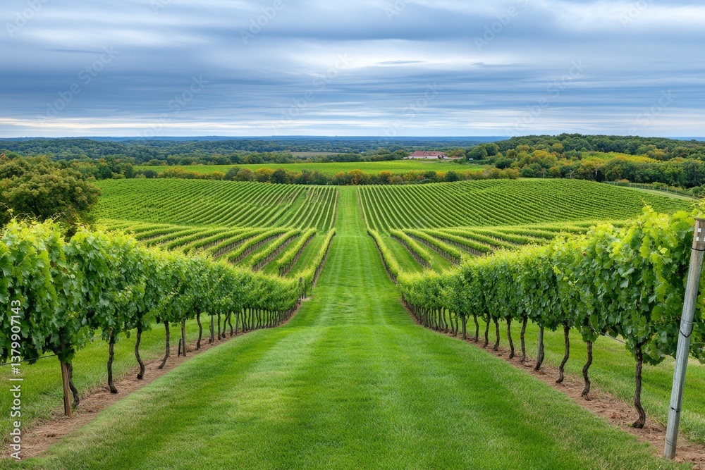 Fototapeta premium A scenic vineyard in southern New Jersey, with rows of grapevines bathed in golden sunlight