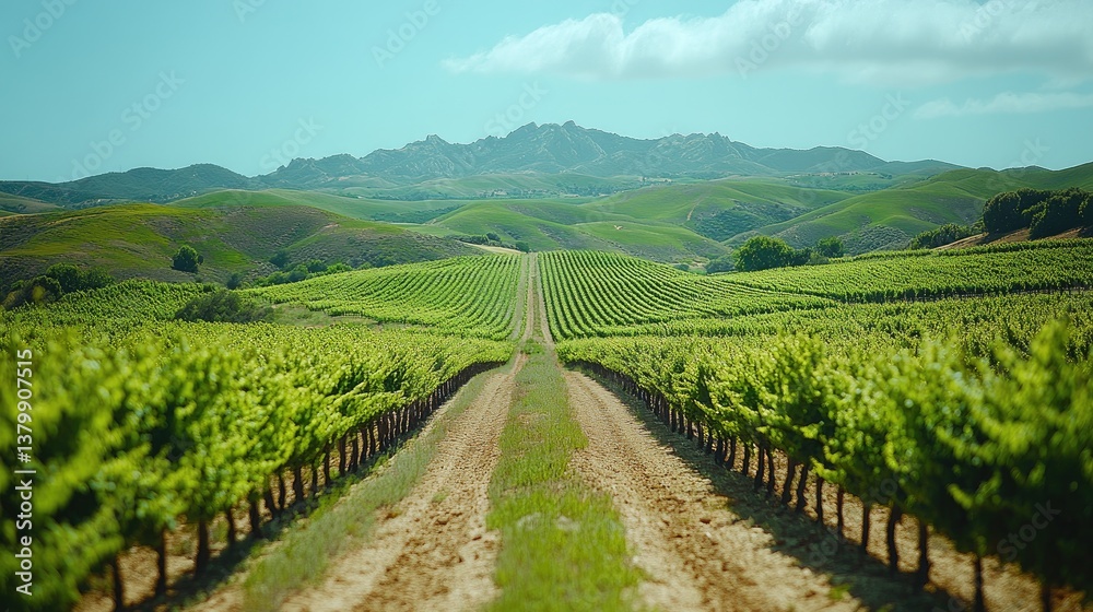 Fototapeta premium Lush vineyard landscape under a clear blue sky with gentle hills and distant mountains in a serene, rural setting