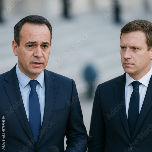 Adults suits discussion feature light skin and ties standing during press conference with formal attire outdoors