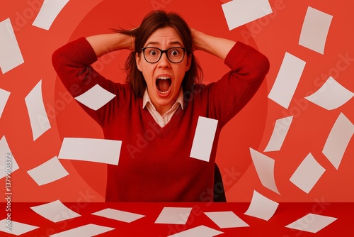 Stressed adult woman screams and grabs hair surrounded by papers and wearing glasses on a red background