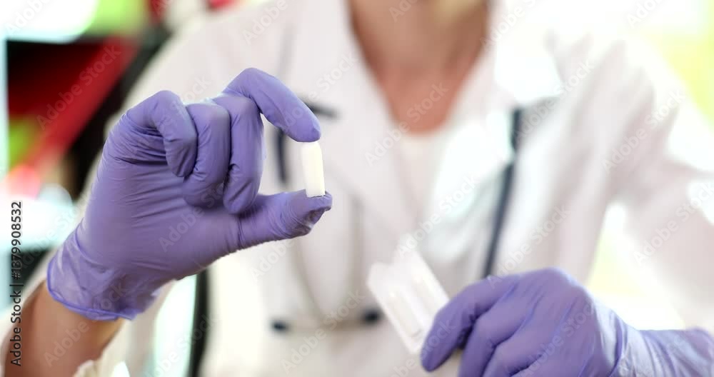 Woman physician holds box of suppositories in hands at appointment. Experienced doctor describes benefits of prescribed suppositories. Slow motion Woman physician holds box of suppositories in hands at appointment. Experienced doctor describes benefits of prescribed suppositories. Slow motion