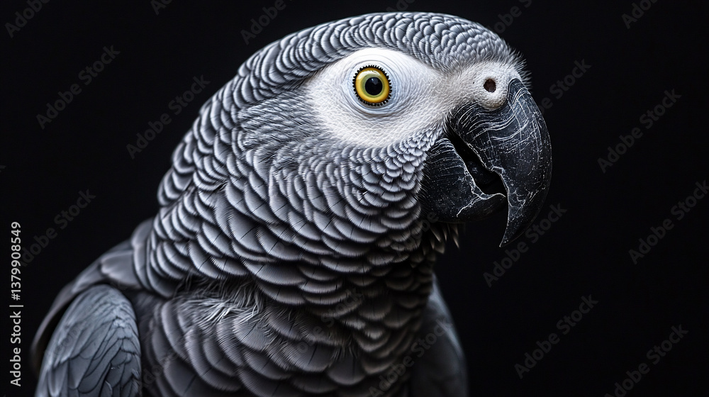 Obraz premium Inquisitive Grey Parrot Portrait, Every Feather Defined in Crisp HD Detail