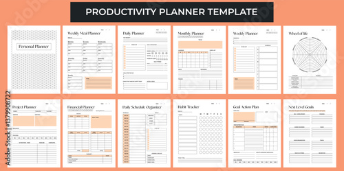 Productivity Planner Template. Daily, weekly, monthly, project, financial, schedule organizer, habit tracker, goals actions and meal planners. Aesthetic modern design. Peach color vector pages.