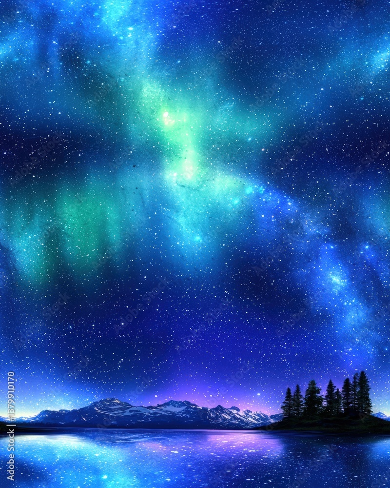 Serene lake surrounded by nature with a starry sky reflected in the calm waters creating tranquility Serene lake surrounded by nature with a starry sky reflected in the calm waters creating tranquility