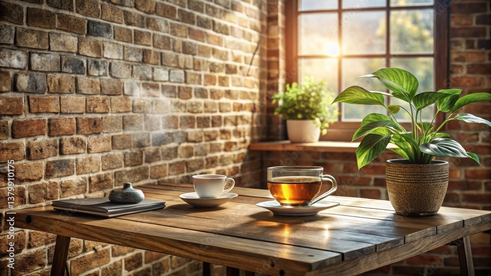 Warm Sunlight Illuminates a Rustic Tabletop Scene Featuring Aromatic Beverages and Lush Greenery Warm Sunlight Illuminates a Rustic Tabletop Scene Featuring Aromatic Beverages and Lush Greenery