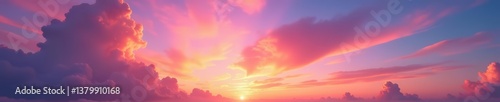 Dreamy sunset sky with vibrant colors and wispy clouds, ideal for a scenic background, air, sunset