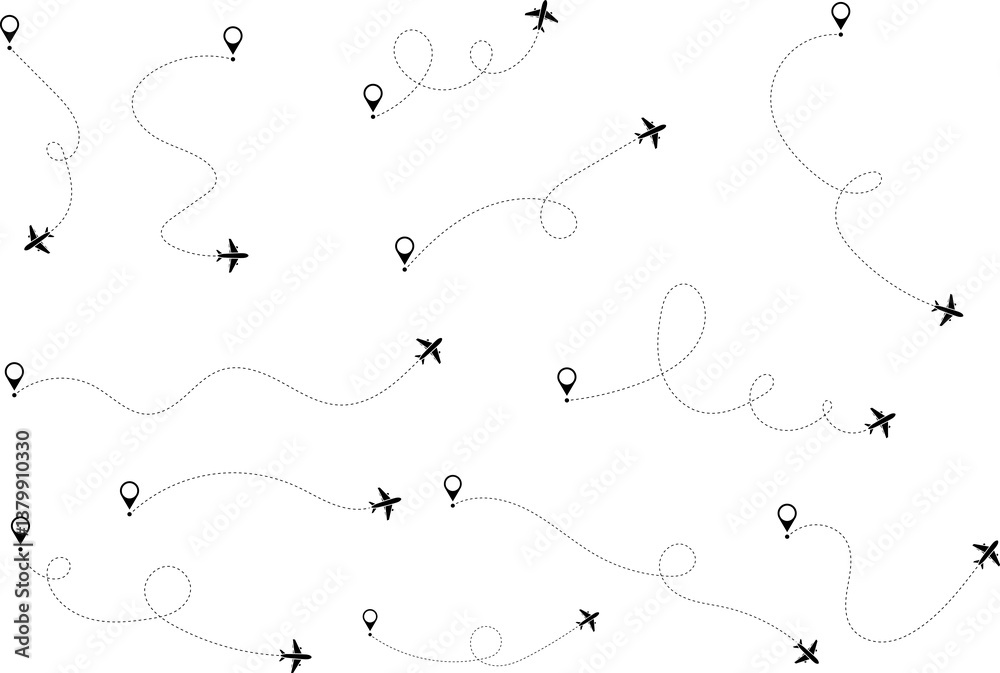 Airplane line path icon of air plane flight route with start point and dash dotted line trace. Love travel route. Airplane routes. Travel icon. Airplane line path icon of air plane flight route with start point and dash dotted line trace. Love travel route. Airplane routes. Travel icon.