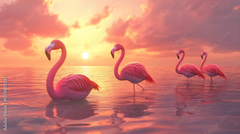 Naklejka premium Dreamy Lagoon Sunset with Pink Flamingos, Cinematic Warm Tones Ultra HD