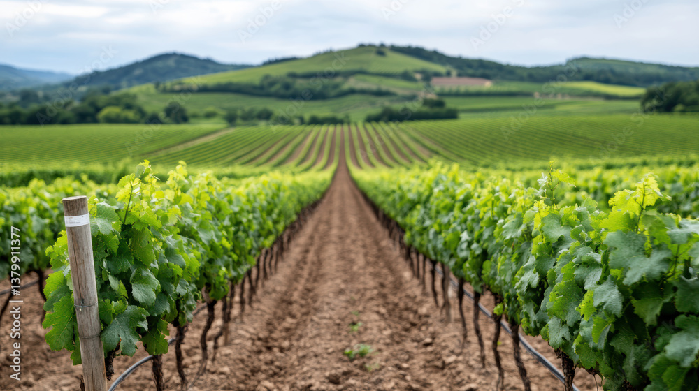 Lush vineyard rows stretch across rolling hills, showcasing vibrant green grapevines cloudy sky Lush vineyard rows stretch across rolling hills, showcasing vibrant green grapevines cloudy sky