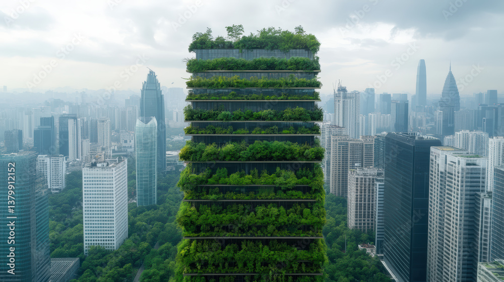 Obraz premium Futuristic cityscape featuring skyscraper adorned with greenery, showcasing urban sustainability
