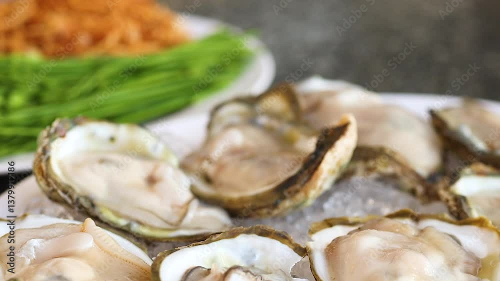 Fresh Oysters with Green Vegetables and Crispy Toppings Fresh Oysters with Green Vegetables and Crispy Toppings