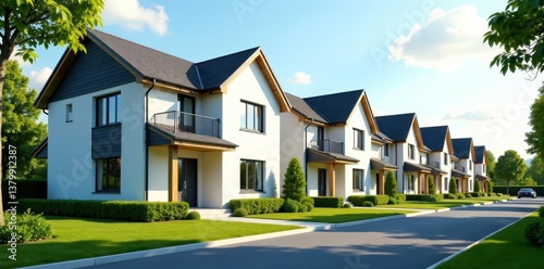 Row of modern houses with neatly trimmed lawns and trees, Canada, front yard, neighborhood