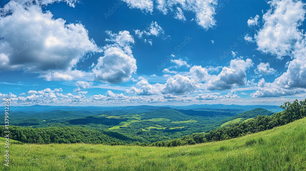 Naklejka premium A panoramic view of rolling green hills under a bright blue sky filled with fluffy white clouds above trees