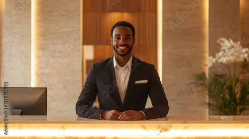 Smiling hotel receptionist in elegant suit behind a modern reception desk with warm lighting and floral decorations, offering a professional and welcoming check-in experience for guests. Copy space