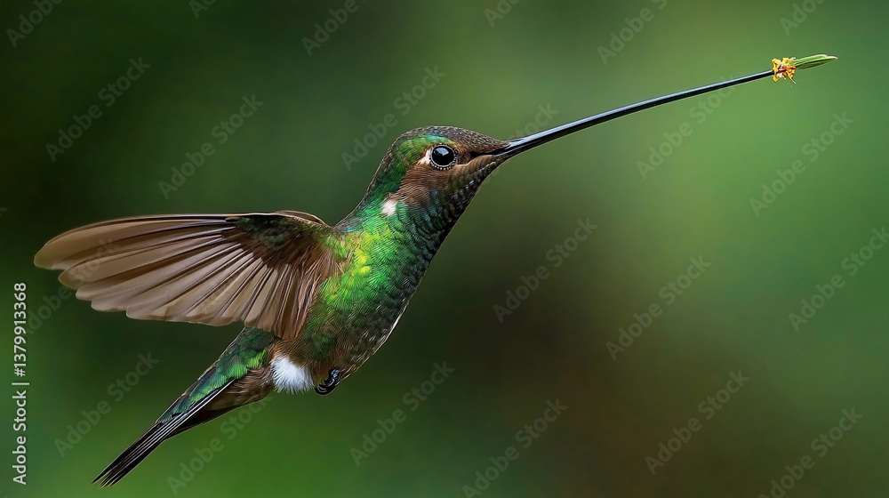 Fototapeta premium Ultra Rare Sword Billed Hummingbird Drinking Nectar With Extraordinary Long Beak