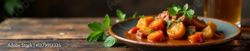 Rustic wooden table with delicious flemish stew and beer, stew, food, beer