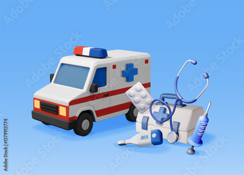 3D ambulance car with medical equipment for healthcare. Render emergency vehicle with first aid icon. Medical diagnosis and treatment. Healthcare, emergency and urgency services. Vector illustration