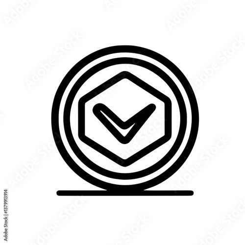 Minimalistic black-and-white illustration of a checkmark inside a hexagonal shape with a circular border