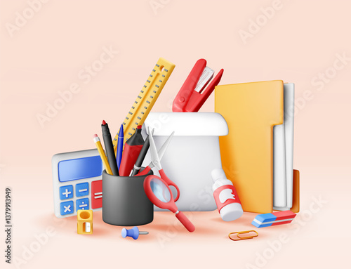 3d pile of office stationery elements isolated. Render back to school essential supplies set. Stationery collection for education, business, studying, learning and creative design. Vector illustration