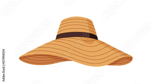Summer hat. Beach straw headwear. Women head accessory with wide brim. Sun protection cap, headdress in chic elegant fashion style. Flat graphic vector illustration isolated on white background