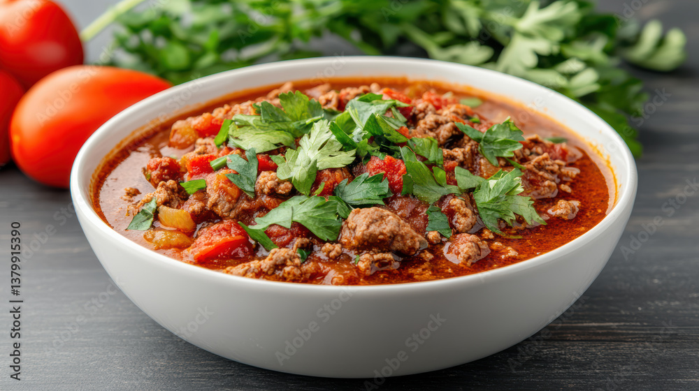 hearty bowl of chili made with grass fed beef, tomatoes, and fresh herbs hearty bowl of chili made with grass fed beef, tomatoes, and fresh herbs