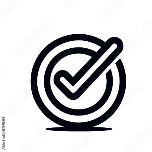 Minimalistic black-and-white illustration of a checkmark inside a circular shape with concentric circles