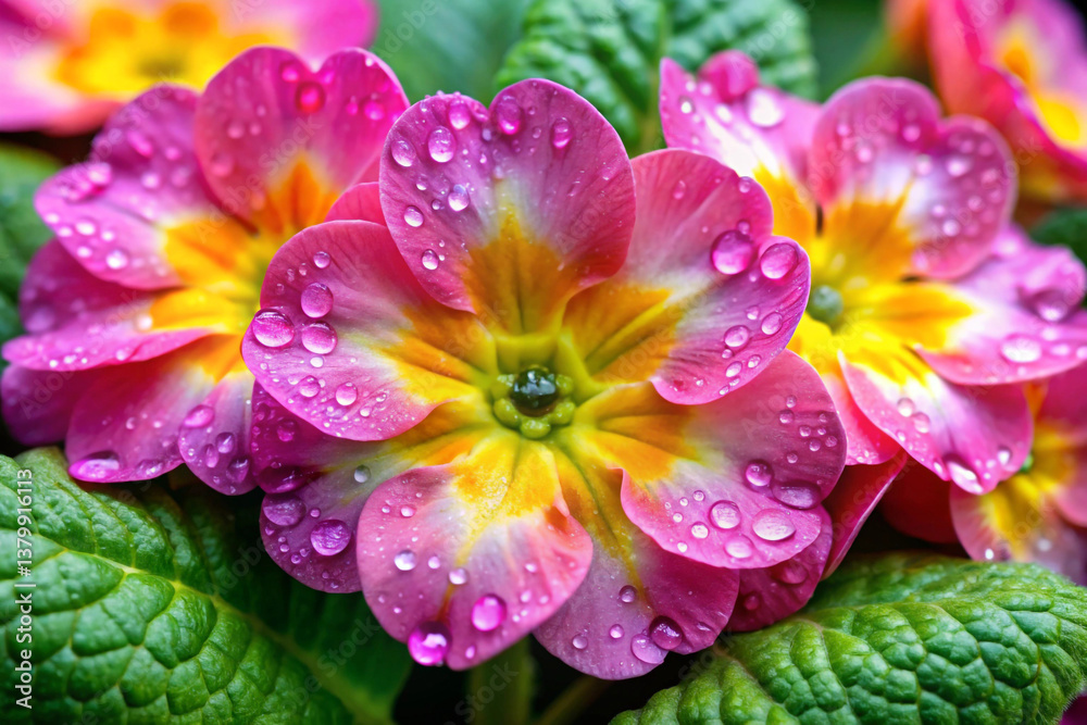 A primrose with petals shaped like eyelids in bright pinks and yellows A primrose with petals shaped like eyelids in bright pinks and yellows