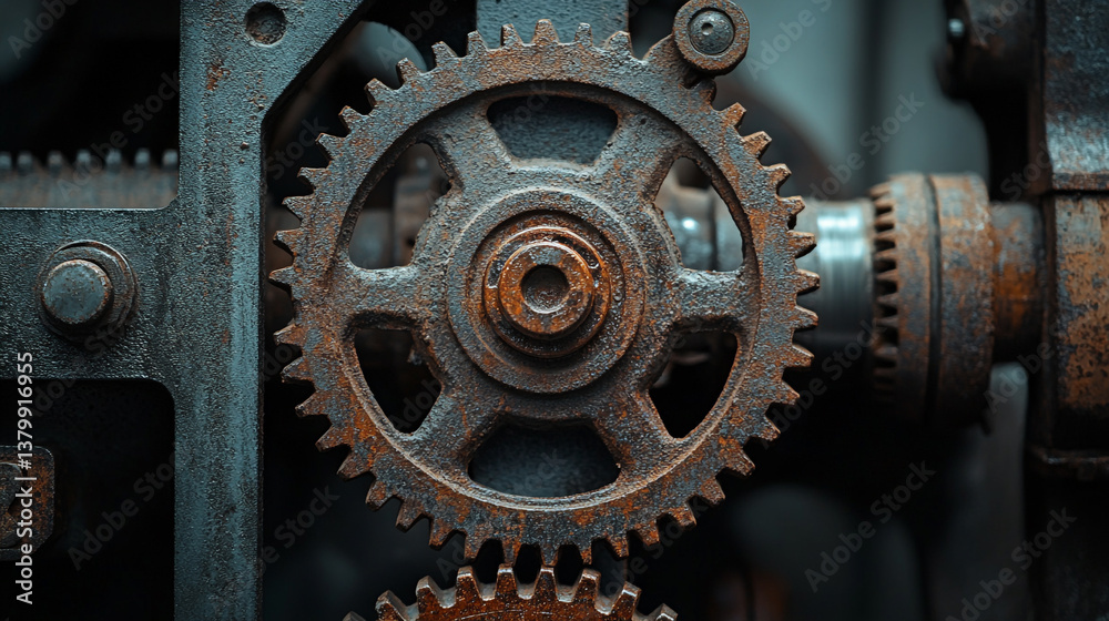 Close up of rusted gears and metal components in a machinery setting with dark background elements Close up of rusted gears and metal components in a machinery setting with dark background elements