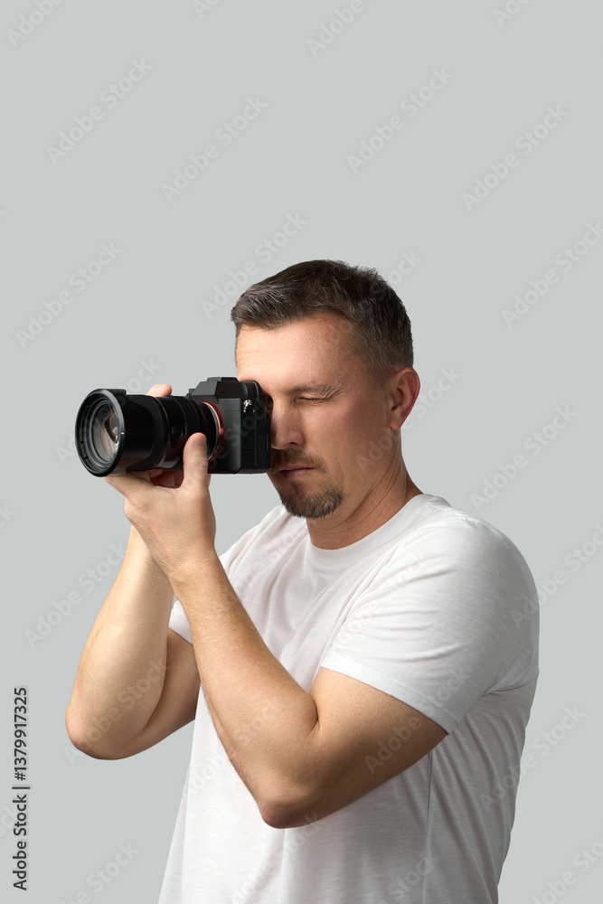 Photographer in Action. A man in a white t-shirt takes a photo with a camera Photographer in Action. A man in a white t-shirt takes a photo with a camera