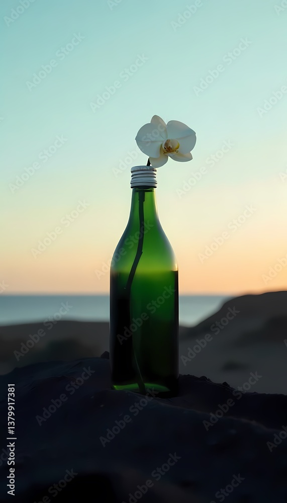 Empty bottle of water on the beach with clear reflections and a transparent, isolated appearance Empty bottle of water on the beach with clear reflections and a transparent, isolated appearance