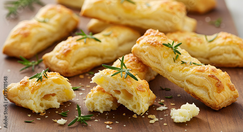 Freshly baked cheese puff pastry sticks garnished with rosemary on a wooden cutting board for a rustic restaurant menu presentation.