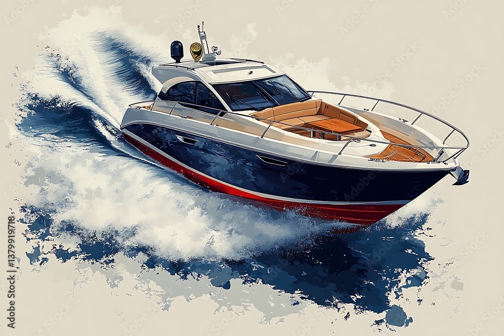 Fototapeta premium Luxury Yacht Cruising at High Speed with Splashing Water Illustration