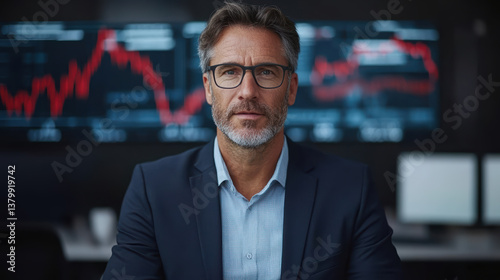 Wallpaper Mural Professional man in suit with glasses, sitting in front of financial charts, exuding confidence Torontodigital.ca