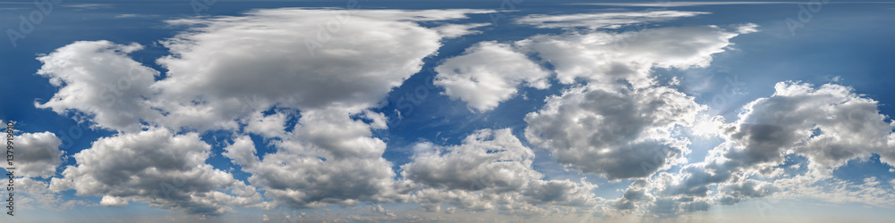 Fototapeta premium blue sky hdri 360 panorama with pink clouds before sunset with zenith for use in 3d graphics as sky dome or edit drone shot as sky replacement
