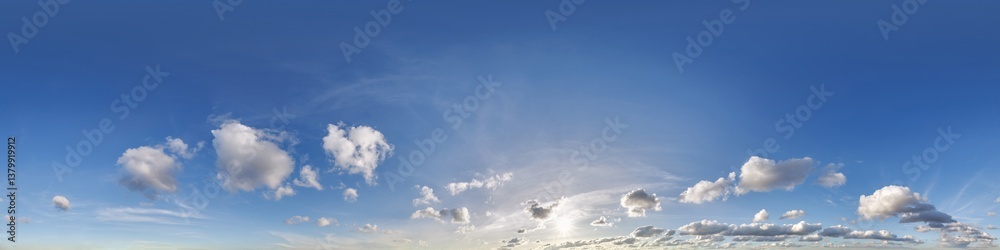 blue sky hdri 360 panorama with pink clouds before sunset with zenith for use in 3d graphics as sky dome or edit drone shot as sky replacement