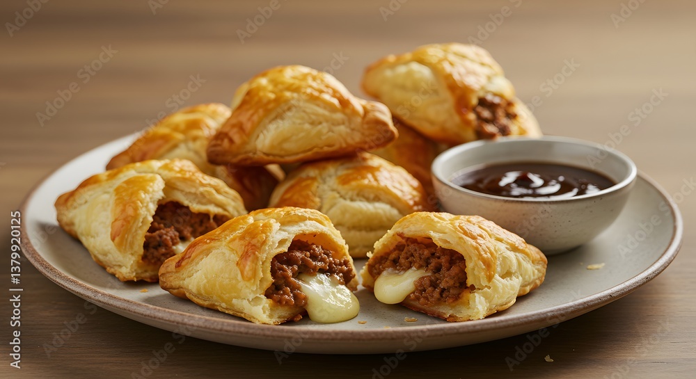 Delicious Mini Beef Wellingtons with Dipping Sauce on a Plate Delicious Mini Beef Wellingtons with Dipping Sauce on a Plate