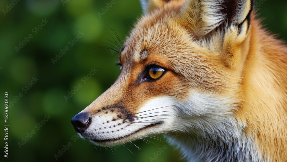 Fototapeta premium Close-Up of a Fox Face with Detailed Fur Texture and Bright Eye Capturing the Essence of Wildlife and Natural Beauty in a Serene Environment
