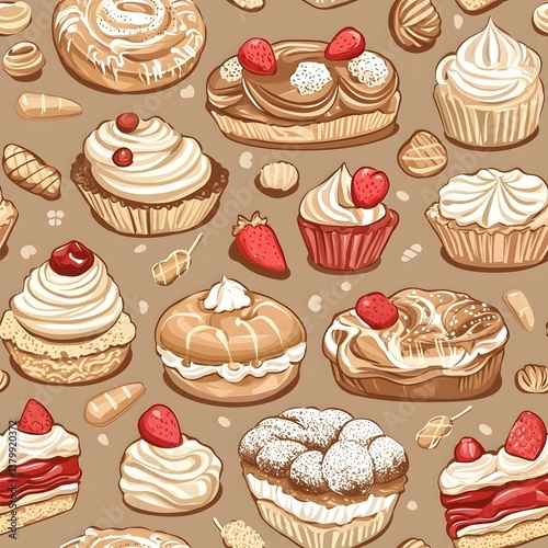 A delightful seamless pattern showcases an array of delectable bakery sweets including creamy cakes pastries and strawberries perfect for wallpaper textile or packaging design