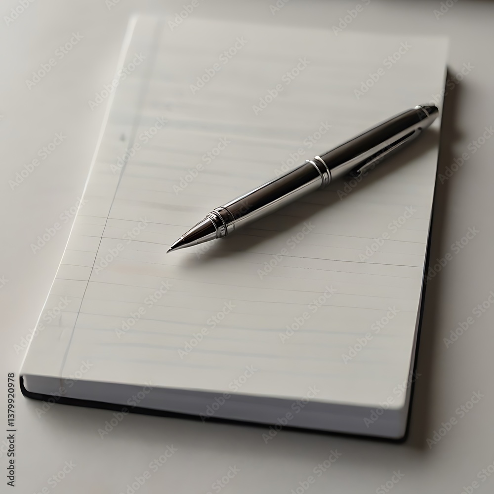 A sleek silver pen rests invitingly on a blank notebook, poised for capturing thoughts, ideas, and dreams in a minimalist setting. A sleek silver pen rests invitingly on a blank notebook, poised for capturing thoughts, ideas, and dreams in a minimalist setting.